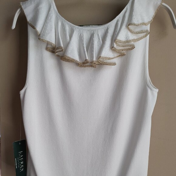 RALPH LAUREN KNIT TANK SLVLS RUFFLED NECK WHITE W/GOLD METALLIC PETITE P/P - Picture 2 of 9